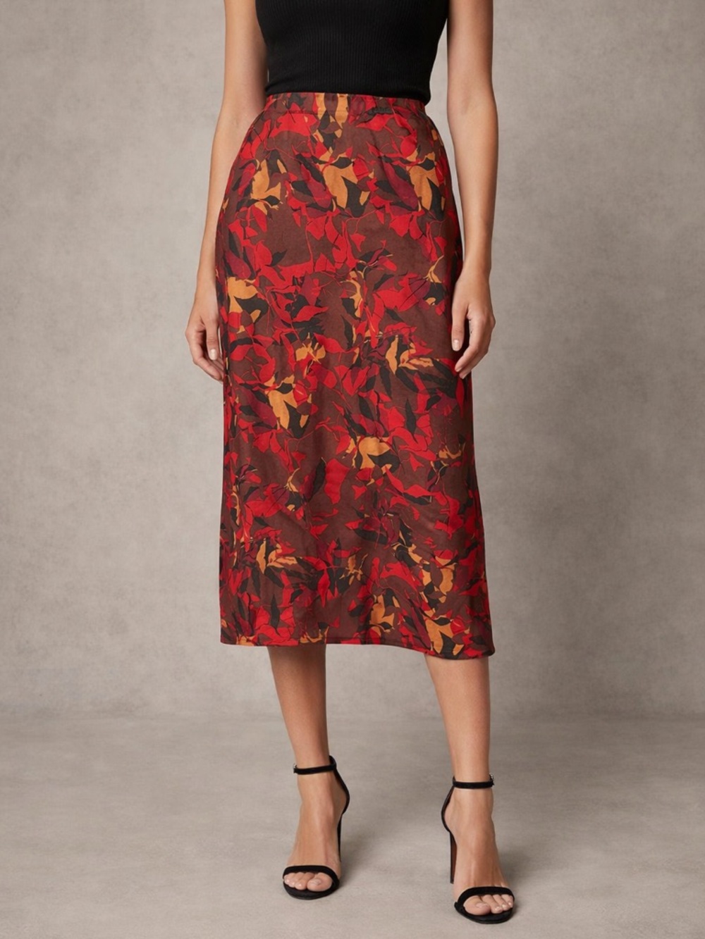 Nordstrom Red and Brown Floral Midi Skirt